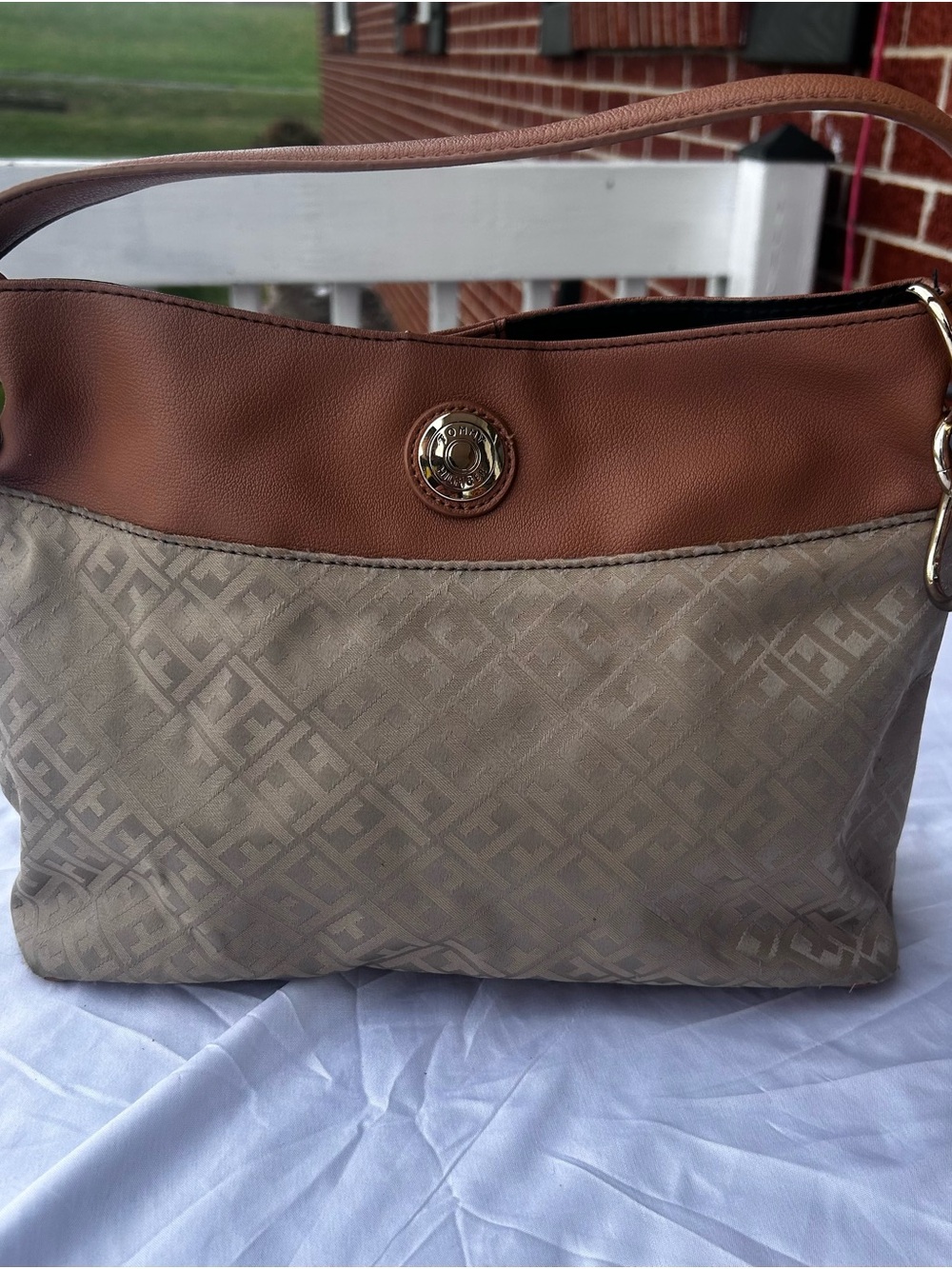 Tommy Hilfiger Beige and Brown Shoulder Bag with Gold Accent